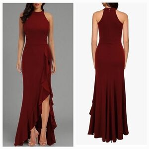 Alisa Pan Burgundy Halter Ruffle Mermaid Dress